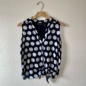 INC Sleeveless Button-Down Blouse with Tie Front, S, blue and white polka dots